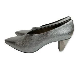 NWOB Coclico James Gray Metallic Wood Heel Point Toe Slip On Heels Size EU38